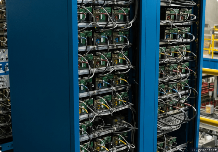 Geöffneter Serverschrank mit Netzwerktechnik und Verkabelung