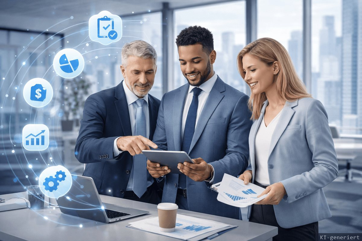 Beratungsteam von Silz-Networks bespricht IT-Kennzahlen an einem Tablet