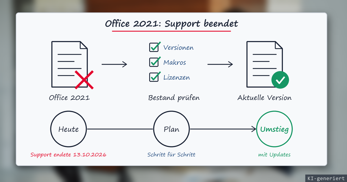Whiteboard-Skizze: von Office 2021 ohne Support über die Bestandsprüfung von Versionen, Makros und Lizenzen zu einer aktuellen Version