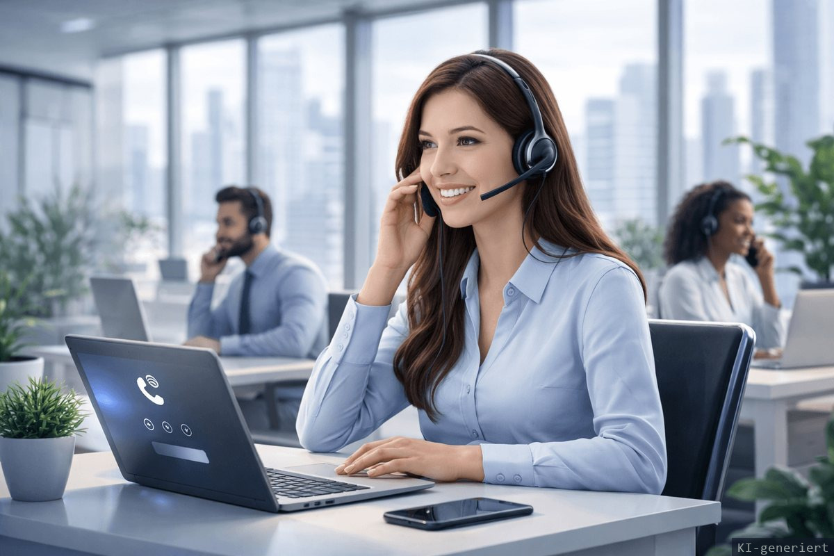 Mitarbeiterin mit Headset telefoniert an einem modernen Büroarbeitsplatz
